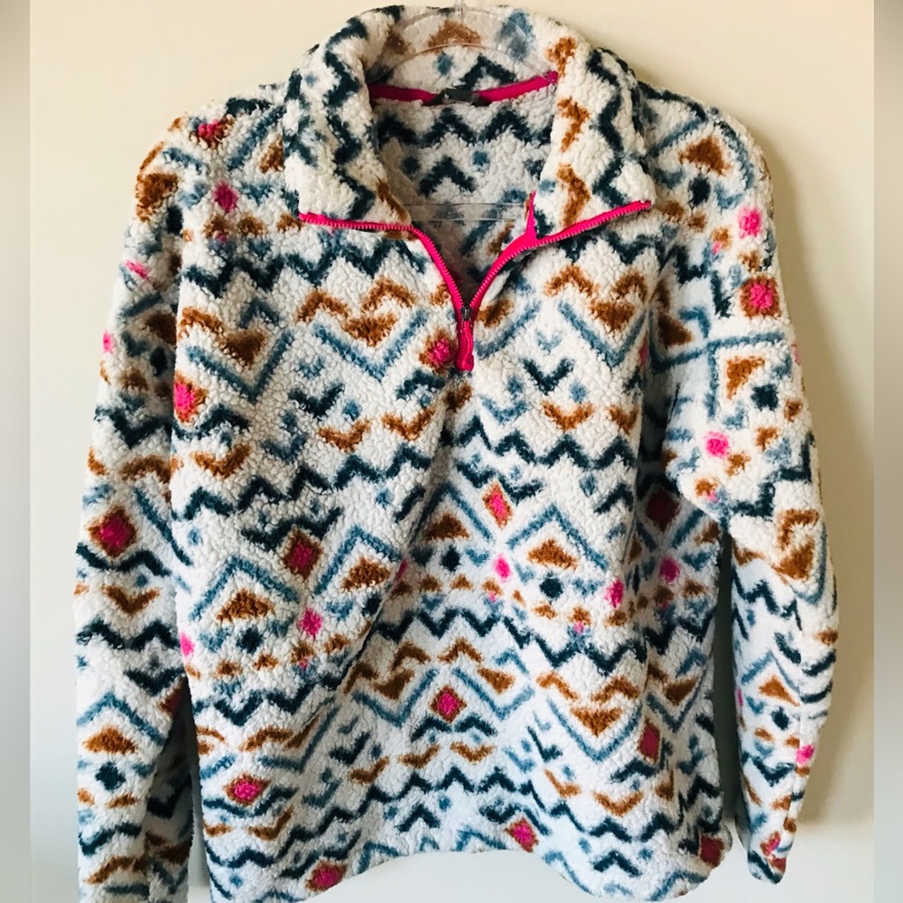 Eddie Bauer Pink Multi Colored Tribal Print Sherpa Cozy Pullover Size L 💕